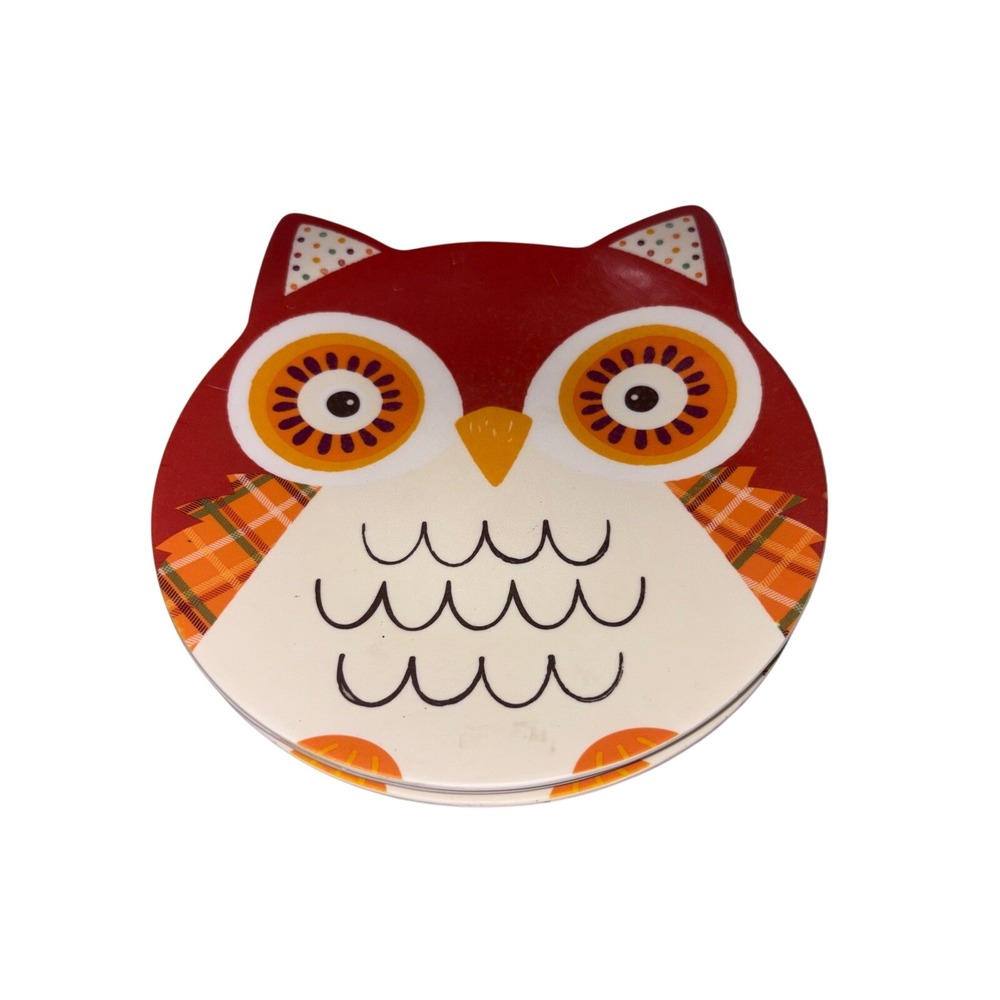 Fall Owl Shaped‎ Melamine Salad Dessert Plates Set of 4 Orange Red Plaid Vintage